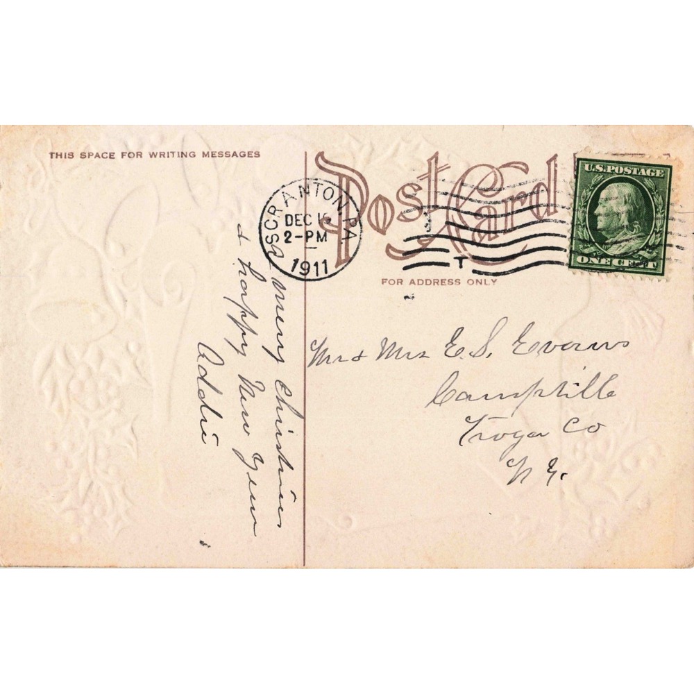Vintage 1911 Embossed Christmas Postcard Bells Holly Scranton PA Postmark VG - Picture 2 of 2